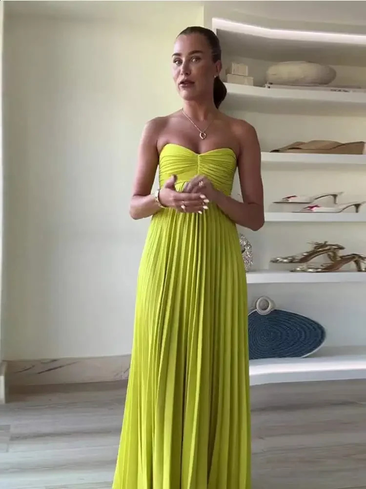 Sexy Strapless Women Solid Pleated Maxi Dress Fashion Backless Sleeveless High Waist Dresses Summer Lady Party Evening Robe