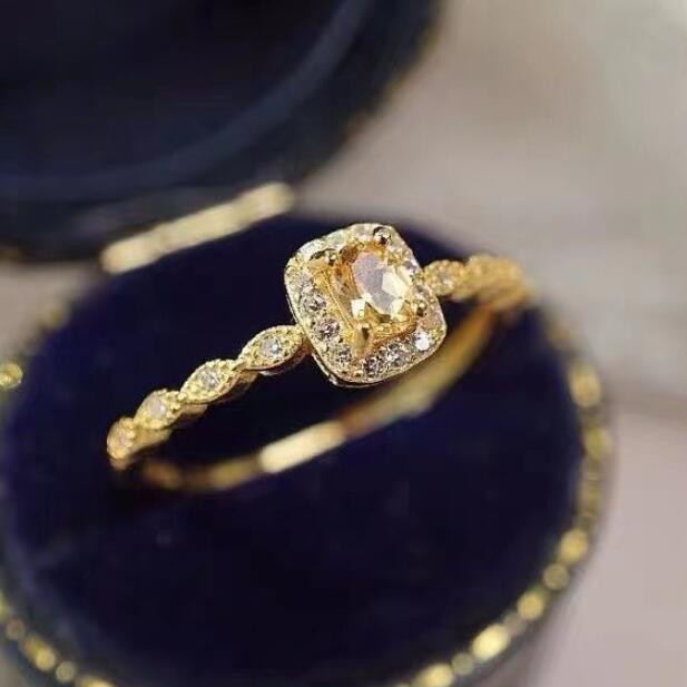 Cute square yellow diamond designer ring for women girls ins fashion silver gold shine crystal stone cz zircon lovely slim rings jewelry gift size ajustable