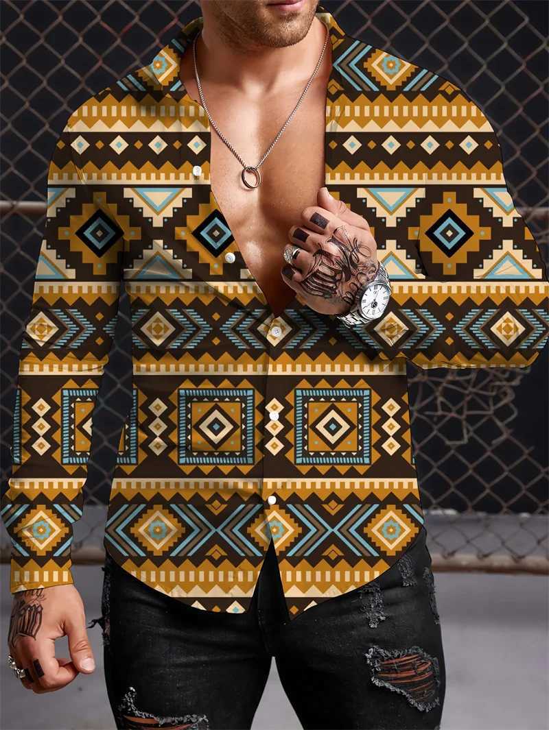 2023 Mens Long Sleeve Shirt Harajuku Vintage Pattern Polo Collar Fashion Casual Luxury Top S-5XLXJ240828