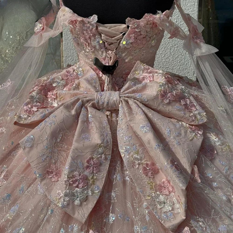Pink Mexican Quinceanera Dressess With Cape Applique Beads Bow Tull vestido 15 quinceaneras Corset Prom Lace Up