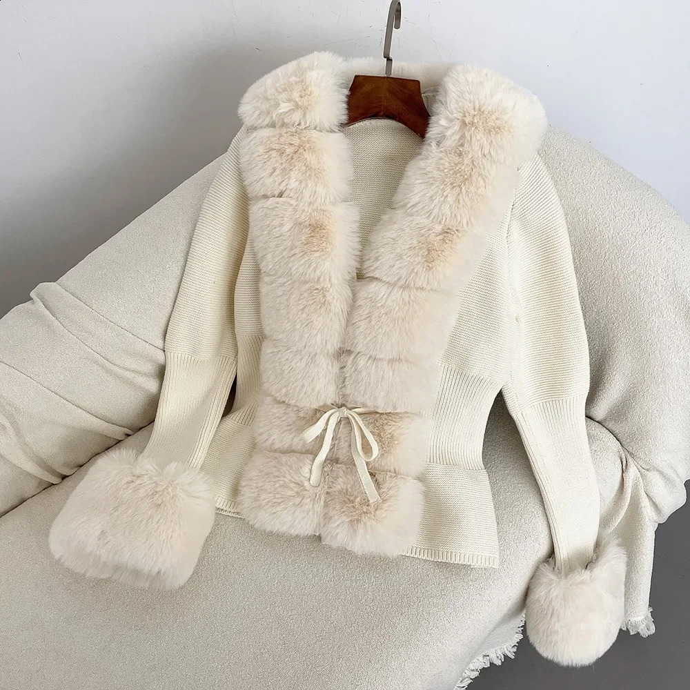 Luxury Fur Cardigan Knitted Winter Sweater Womens Elegant Detachable Leather Belt White Pink Black 240828 - view 4