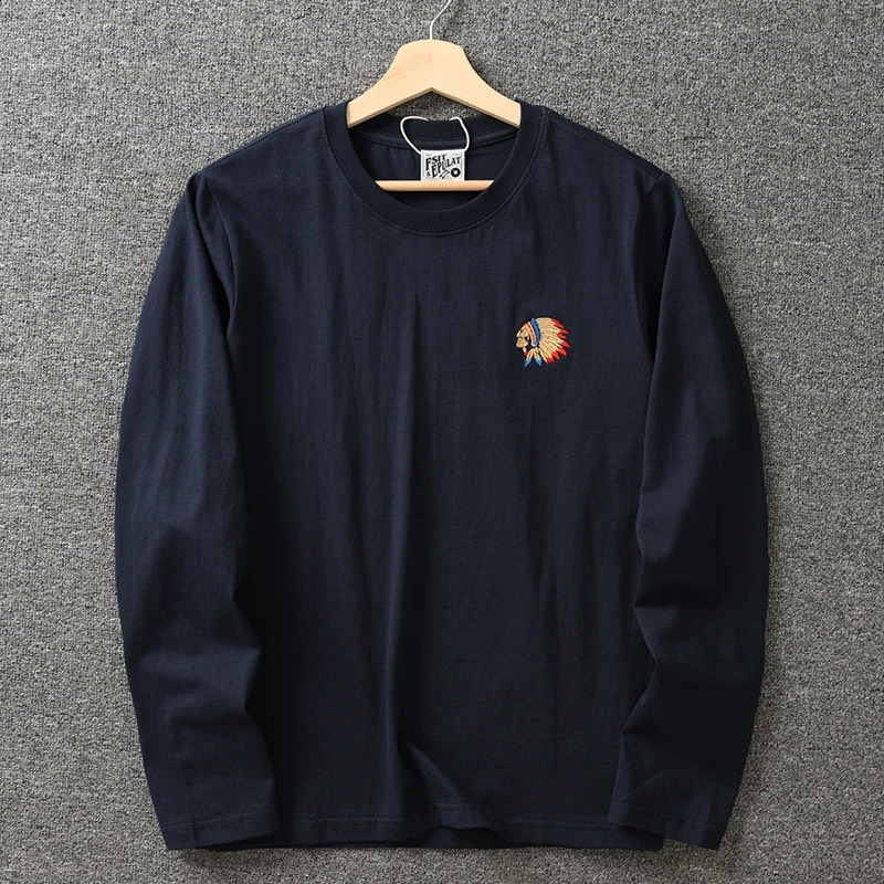 Autumn American Retro Long sleeved Oneck Embroidered Tshirt for Mens Fashion Simple 100% Cotton Laundry Casual Sports Top 240828