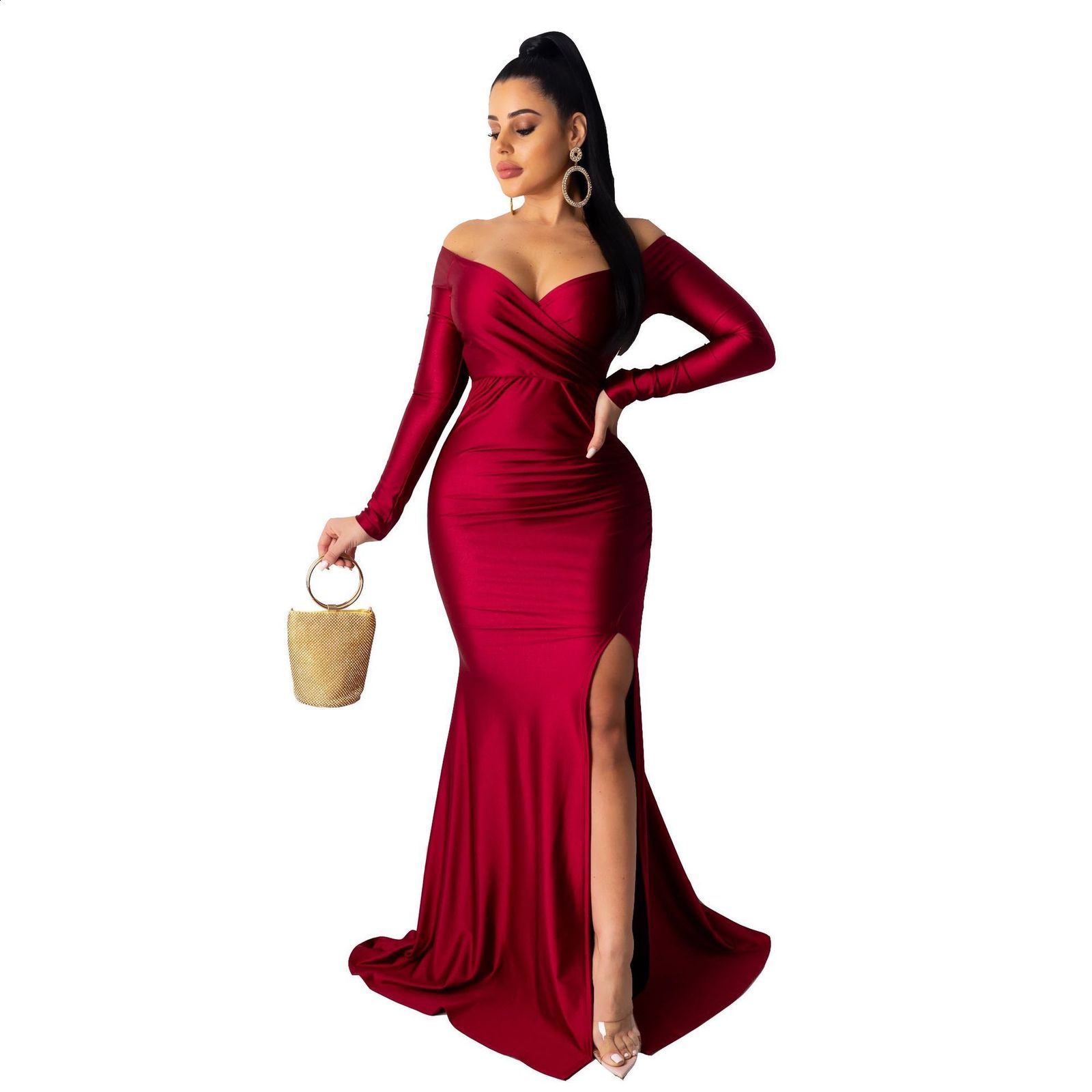 Deep V Neck Full Sleeved Pleated Long Evening Party Dress Stretch Satin Floor Length Event Gown Prom Robe 210915