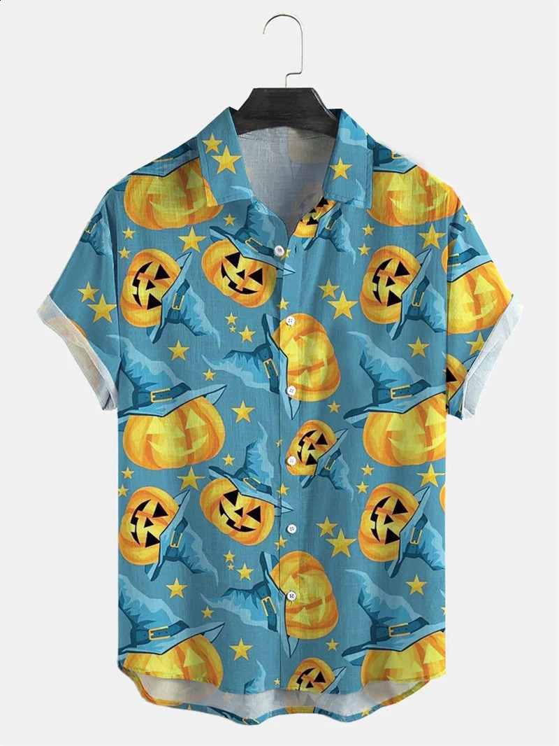 Mens Fashion Halloween Shirt Summer Cute Style Mens Clothing Party Holiday Mens Top Pumpkin Head Printed Mens Short sleeved Shirt 240829