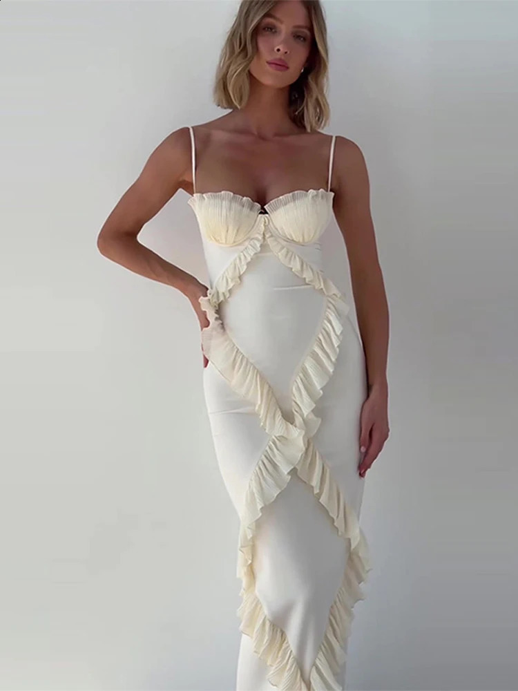 Elegant Lace Dress Women Sexy Slim Midi Sling Vestidos Female Summer Patchwork Sleeveless Party Evening Dresses Lady 240828