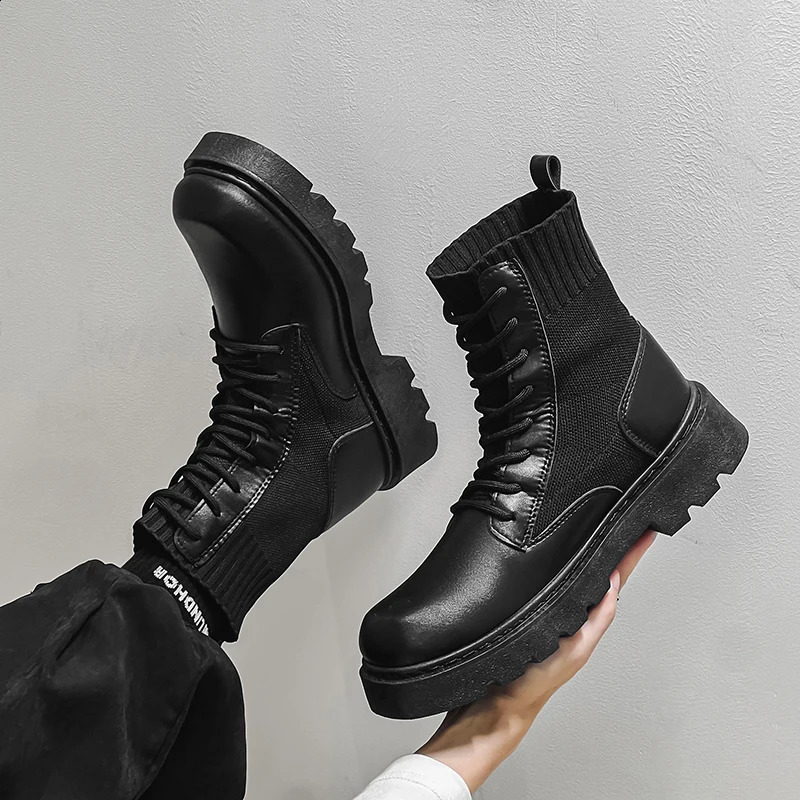 Mens Boots Toog Ankle Sock Boot Full Black High Top Leather Casual English Young Fashion Vitality Anti-wear Mans Footwear 240828