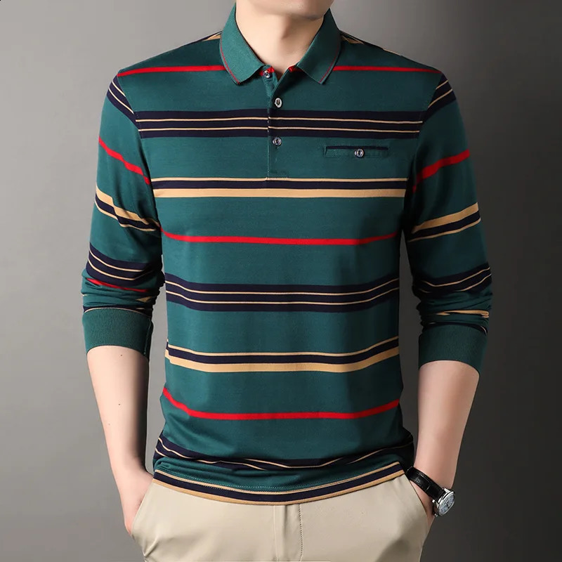 Mens Spring and Autumn Long Sleeve Pocket Button Three way Flip Collar Pullover Polo Shirt Business Casual Loose Top 240828