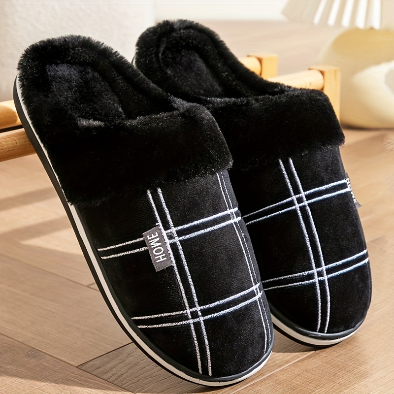 Cozy Plaid Slippers Men - Soft Fuzzy Fabric, Non-Slip TPR Sole, Round Toe, Slip-On Design, Comfortable for Indoor Winter Wear, Bedroom, England-Inspir