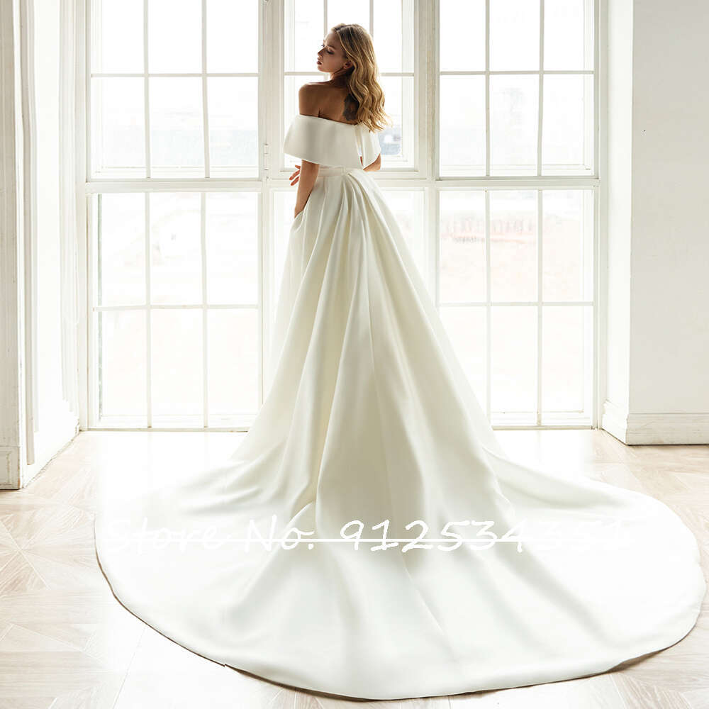 Vestidos Noivas Satin Mermaid Wedding Dress with Detachable Train Simple Robe De Mariee V-Neck Off the Shoulder Trouwjurk