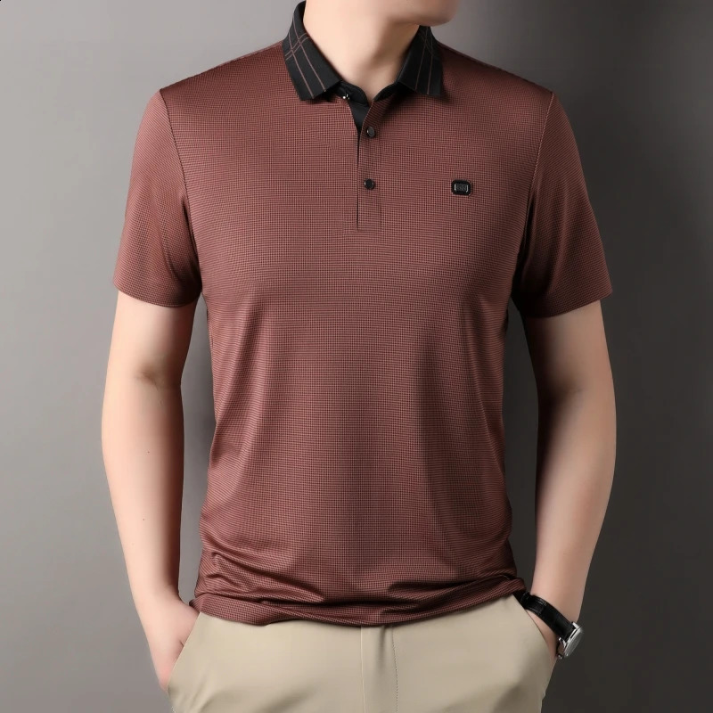 High end short sleeved POLO shirt mens summer fashionable plaid print top ice silk breathable casual T-shirt 240828