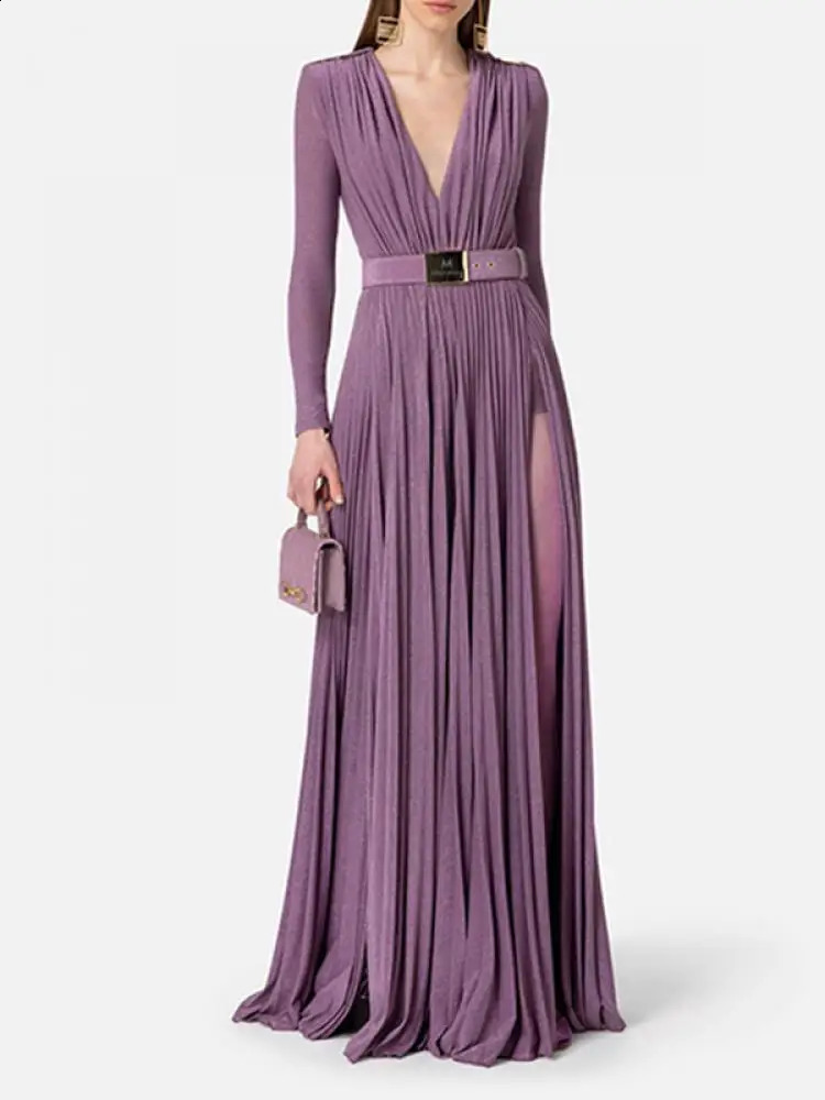 Fashion V-neck Long Sleeves Dress Spring Solid Color Evening Dresses for Women Belted Pleated Split-side Maxi Dress