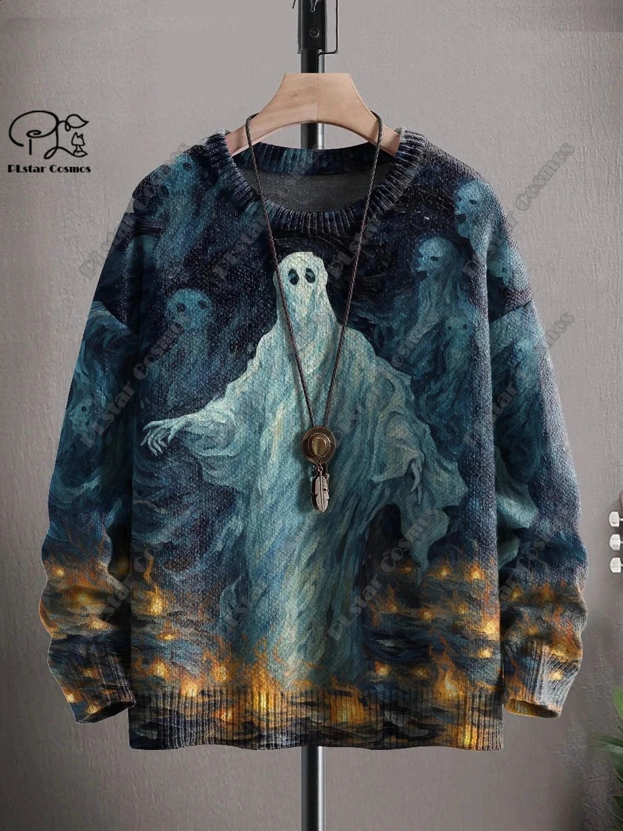 3D printing Halloween series horror ghost skeleton witch black cat pattern ugly sweater street casual winter sports shirt W-1 240829
