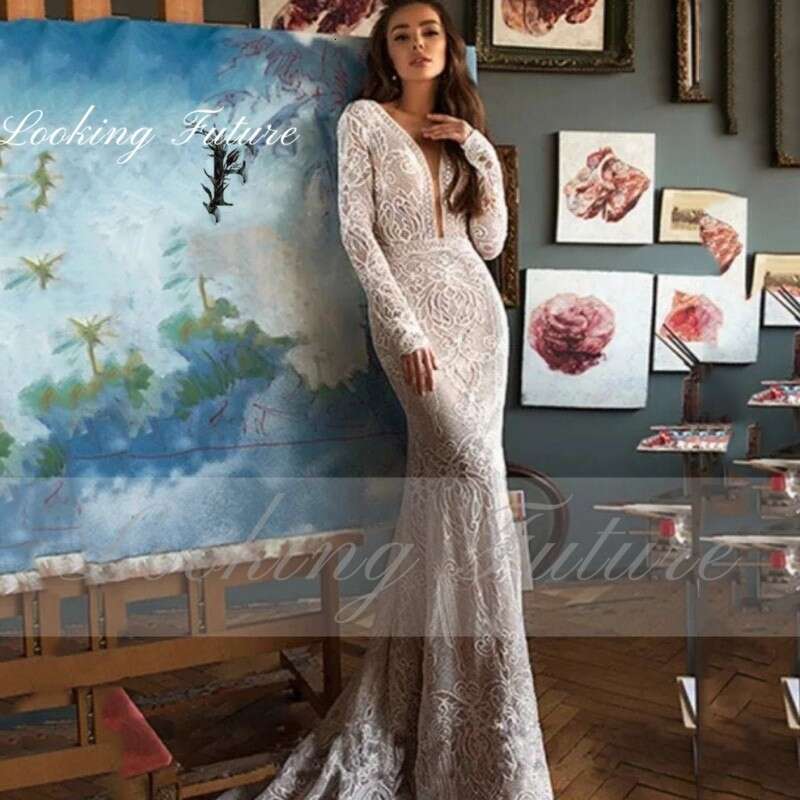 Lace Morden Embroidery Mermaid Wedding Dresses For Woman V Neck Long Sleeve Bride Gown Button Vintage Pleat Robe intage