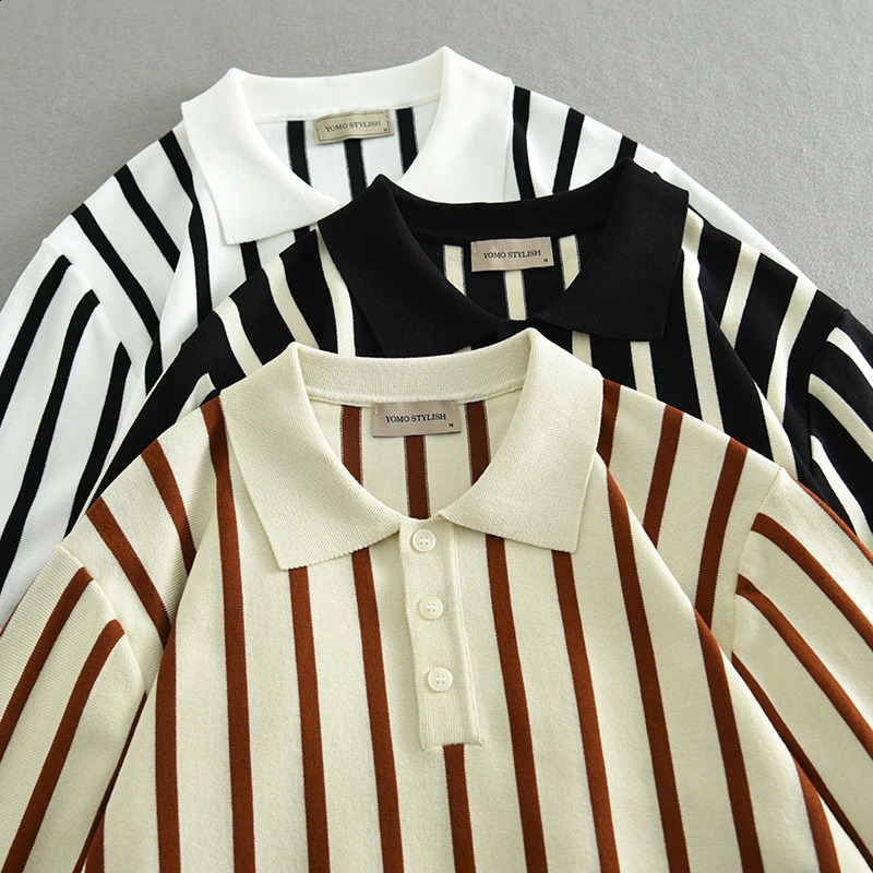 Cool and breathable striped knitted mens polo shirt summer fashion short sleeved slim fit business style top 24ss Y2k young 240828