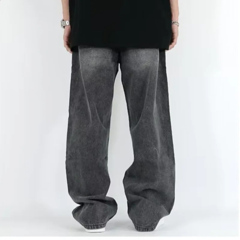 mens streetwear black gray pocket wide leg wash jeans Korean fashion straight elastic loose denim cargo pants 240829