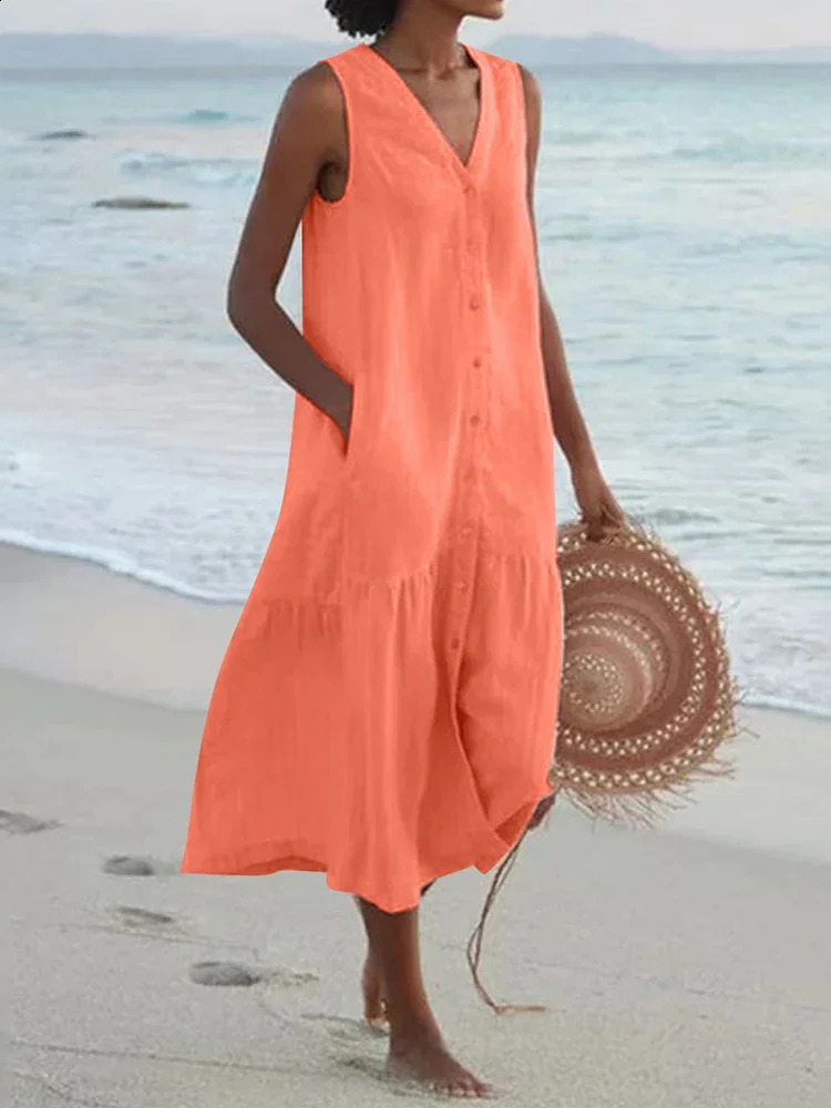 Summer Loose Casual Patchwork Cotton Linen Pocktes Dress V Neck Beach Style Dress Sleeveless Vintage Club Midi Solid Women Dress 240828