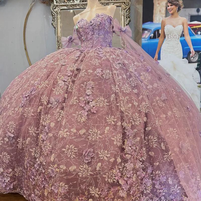 Lilac Off The Shoulder Sequined Crystal Lace Ball Gown Quinceanera Dresses 3D wers Ribbons Bow Corset Vestidos 15 De XV Anos