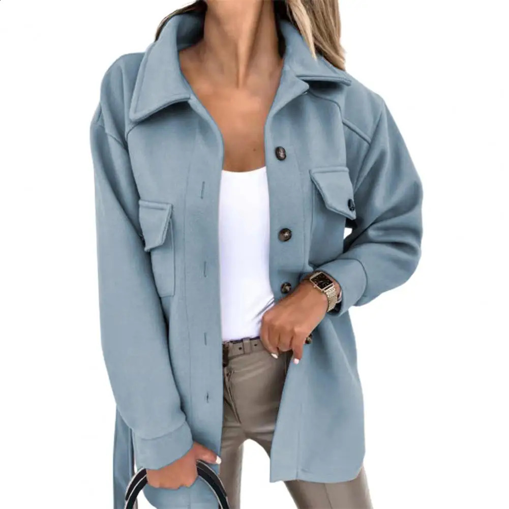 Collar womens coat single corset autumn winter wool coat flip pocket warm casual coat womens coat 240828