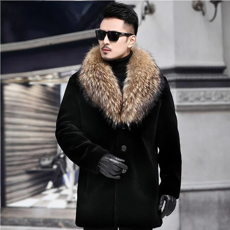 Mens black faux fur collar jacket button long sleeved winter oversized warm mens windbreaker Xxl 240828