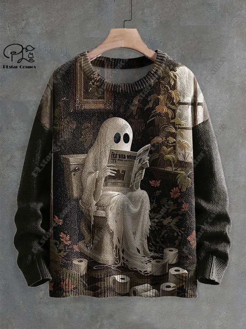 3D Printing Halloween Custom Series Horror Ghost Skull Witch Black Cat Pattern Ugly Sweater Street Casual Winter Sweater W-4 240829