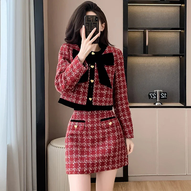 UNXX Womens Winter Collection Bow Short Coat High Waist Tight Elegant Coarse Felt Set Quality Fashion 240828