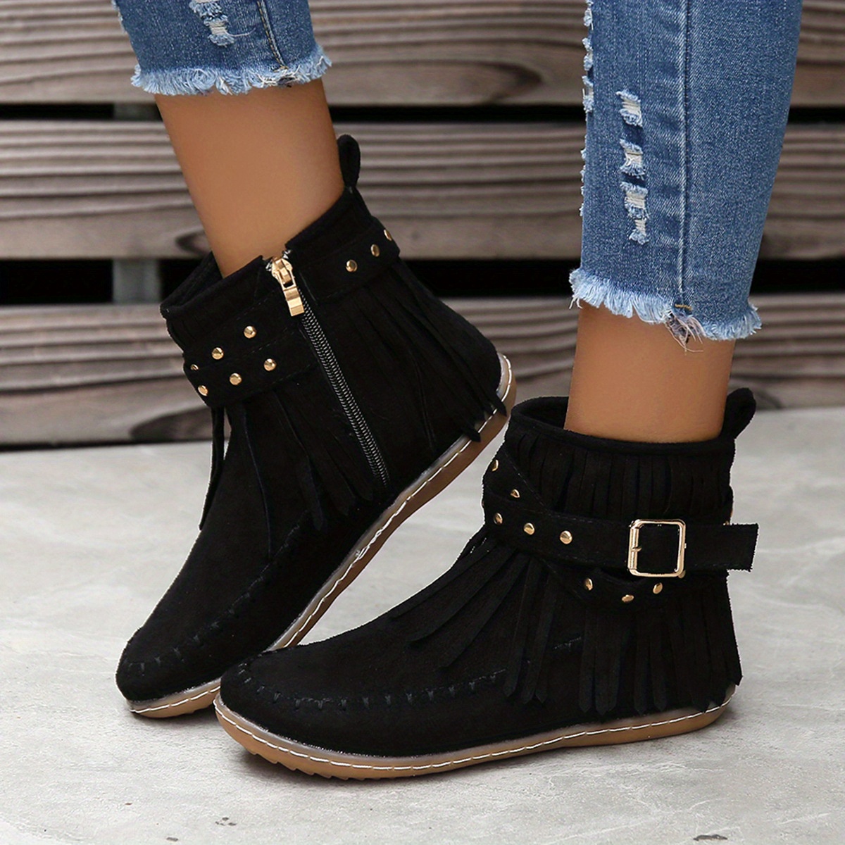 Fashion Comfortable Women's Tassel Short Boots with Metal Beads and Side Zipper Size 36-43