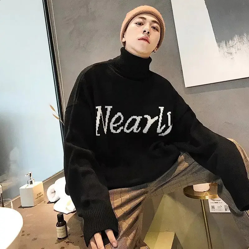 Mens clothing pull-out high neck graphic knitted sweater mens black hooded sweatshirt turtle neck Maltry trend street sales cigars 240829