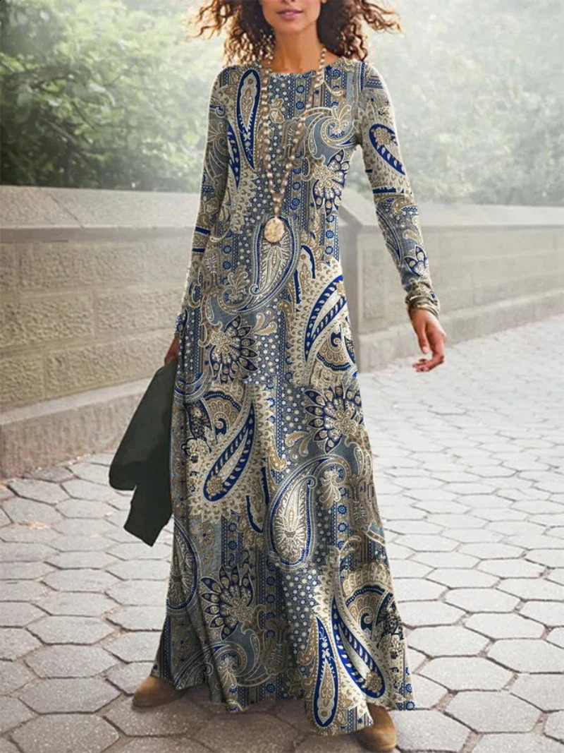 Womens Retro Bohemian 3D Geometric Printed Dress AutumnWinter Oneck Long Sleeve Loose Waist Robe 240828