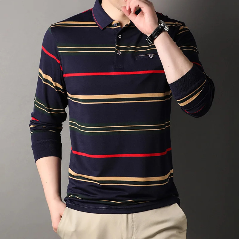 Mens Spring and Autumn Long Sleeve Pocket Button Three way Flip Collar Pullover Polo Shirt Business Casual Loose Top 240828