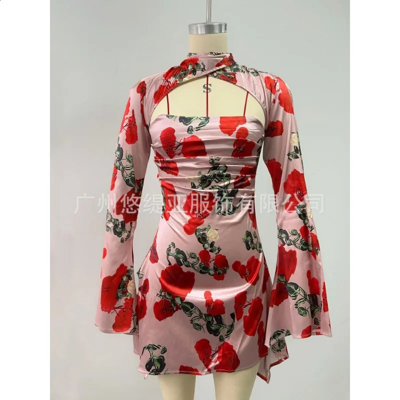 Womens Hollow Sexy Flower Printed Party Dress Clothing Fashion Long Sleeve Sweet Mini 240828