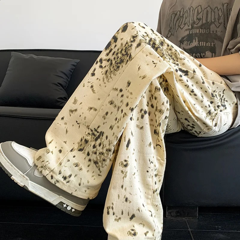 Mens leopard print jeans wide leg straight high street jeans mens handsome Trouser American street fashion 240829