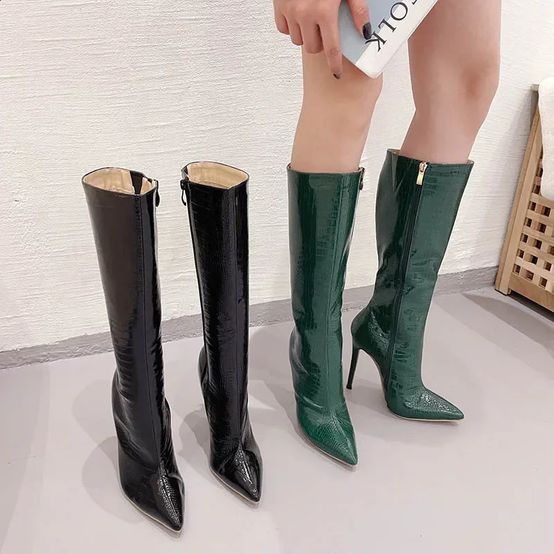 Temperment Pointed Toe 12cm High Heel Boots Womens Shoes Stone Pattern Knee High Stiletto High Heels Modern Boots Zapatos 240827