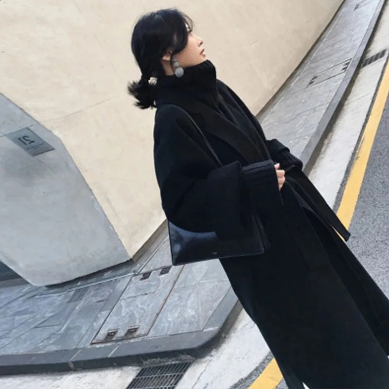 Nice autumn winter wool coat womens long sleeved wool blend coat open front park with loose waistband casual coat 240828