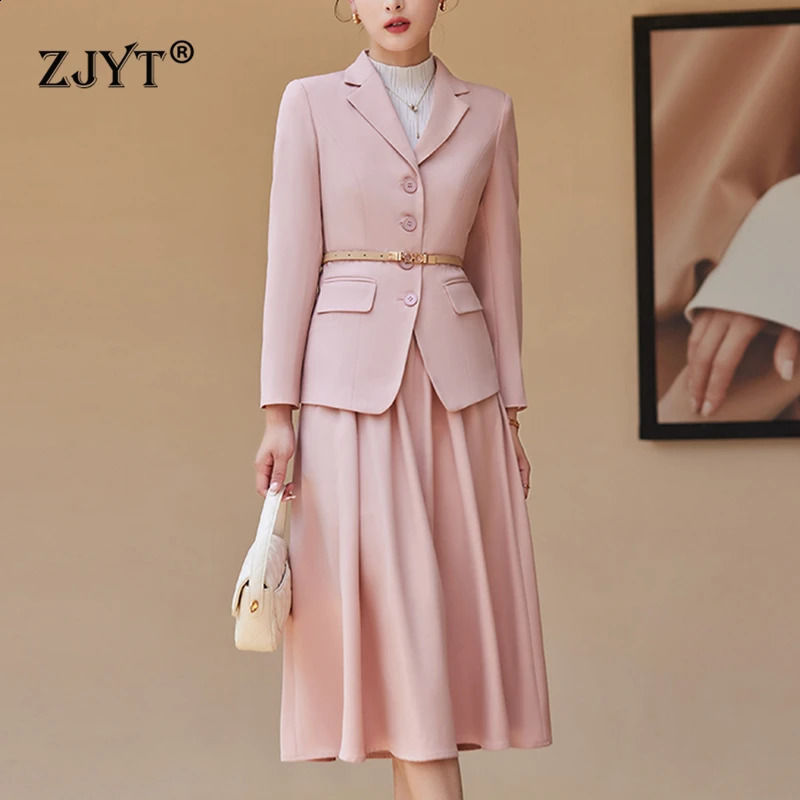ZJYT Elegant Womens Autumn Jacket Set with Two Piece Dress Pink Office 240828