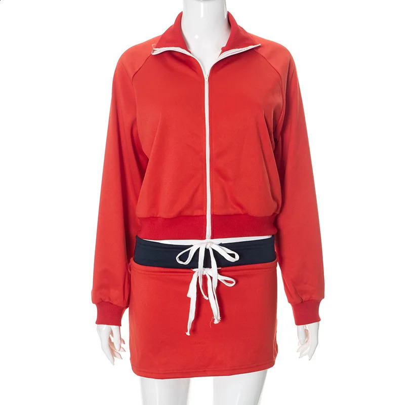 Womens 2024 Lapel Zipper Jacket High Street Contrast Color Lace-up Skirt Suit Sports and Leisure 2-piece Set 240829