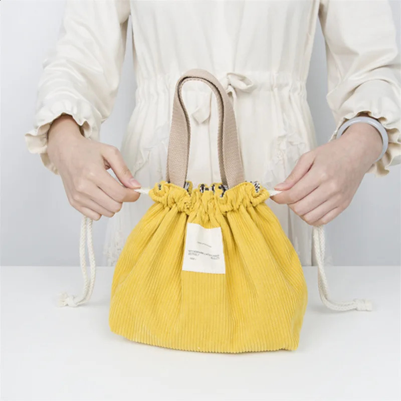 Lunch bag Corduroy canvas lunch box drawstring picnic handbag ecofriendly cotton mini dinner container food storage 240828