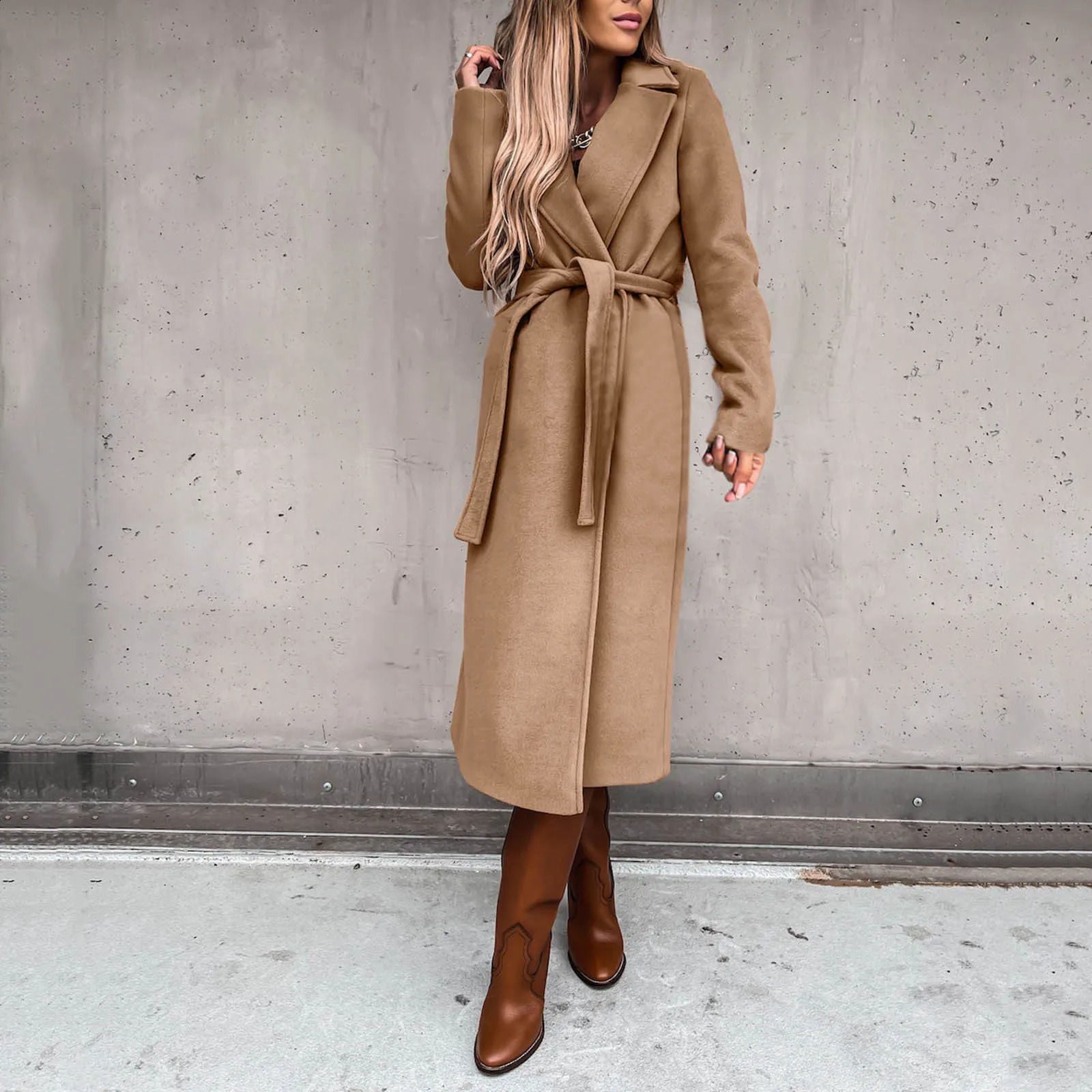 Elegant shoulder strap pocket coat womens autumn and winter solid collar long sleeved wool coat simple casual windproof 240828