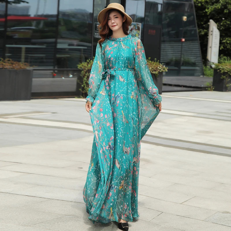 Chiffon Long Sleeve Printed Dress Bohemian Plus Womens Beach Party Garden Elegant Vestdos Robe 240828