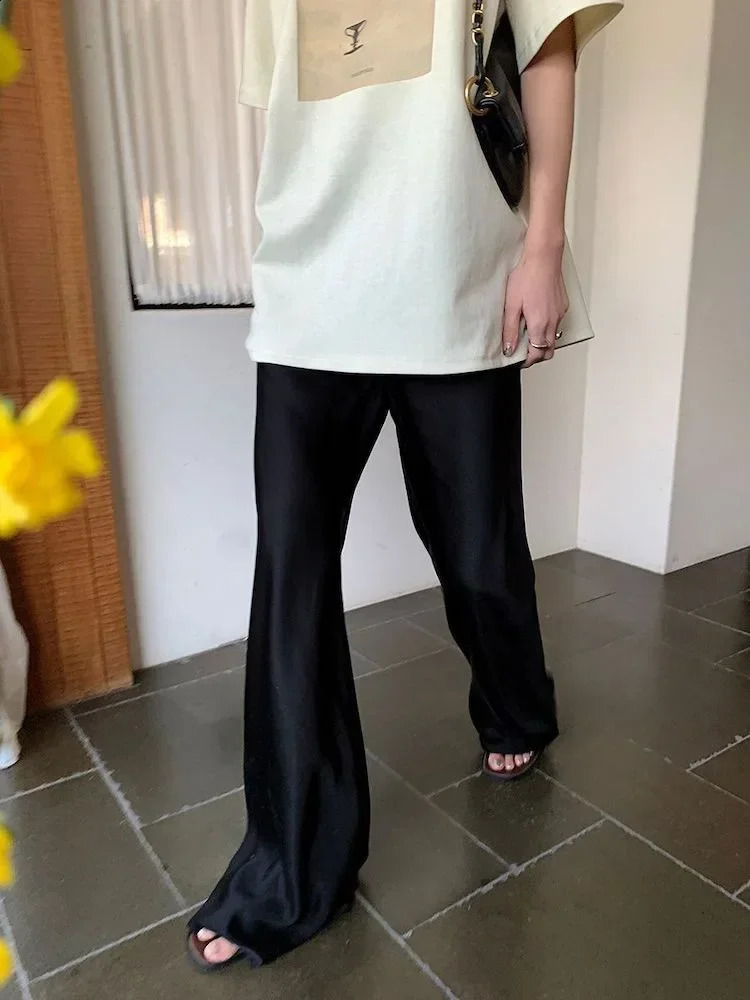 Deeptown satin wide leg pants womens elegant beige Trouser casual bag Korean style summer office wear black 240829