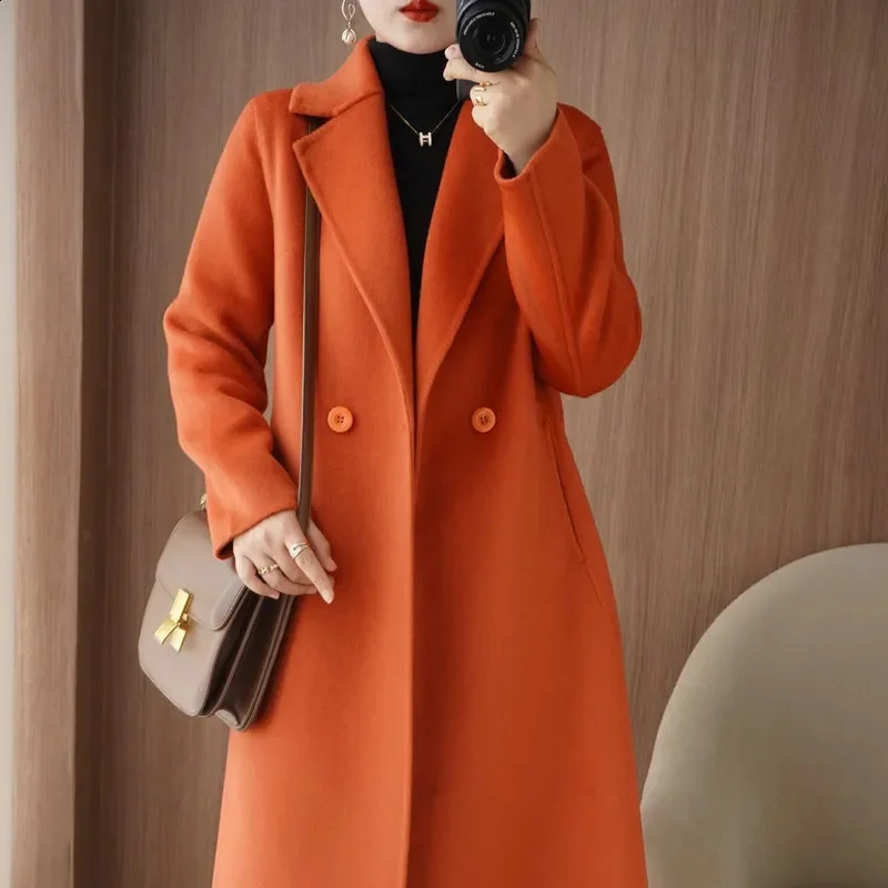 Long sleeved double-sided cashmere womens jacket spring and autumn wool blend womens jacket medium and long wool womens jacket 240828