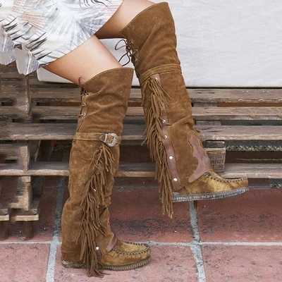 Beautiful Fashion Bohemian Knee Ethnic Tassel Edge Artificial Suede High Heels Womens Flat Boots Y2408295OQE