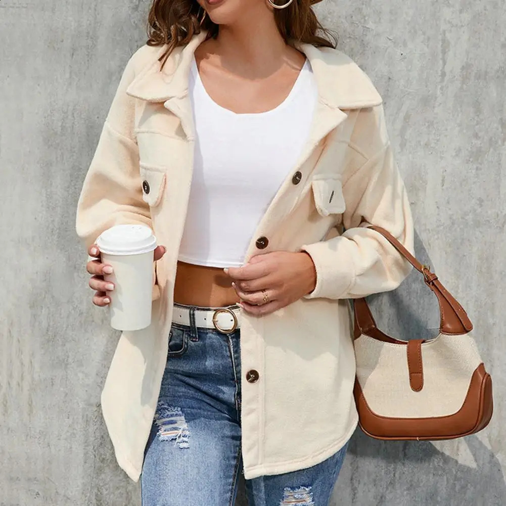 Autumn Winter Womens Pocket Soft Wool Shirt Jacket Fashion Single Chest Long Sleeve Tight jumpsuit 240828