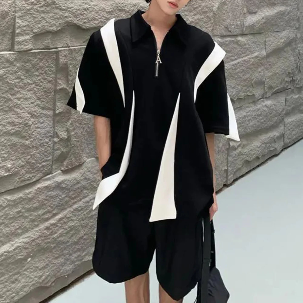 Mens polo shirt Y2k black and white contrast half zipper Tshirt fashionable casual personalized street clothing fully matched top mens 240828
