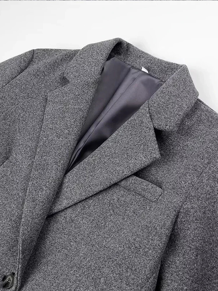 Elegant double-layer pocket long sleeved coat for womens gray back split collar wool coat womens street coat 240828