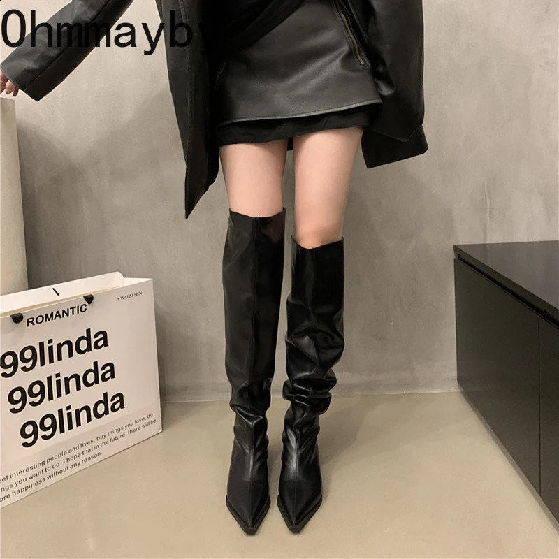 Elastic soft leather womens knee high boots fashionable Pointed sole autumn thick boots womens long boots 240827