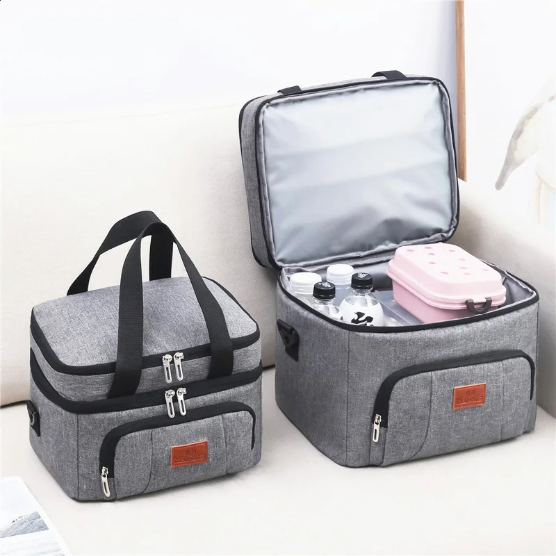 Multifunctional Double Layer Tote Cooler Lunch Bags for Women Men Large Capacity Travel Picnic Box with Shoulder Strap w250528