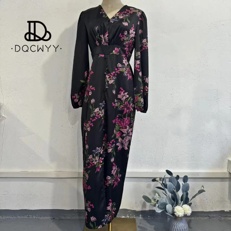 Retro printed Vneck long sleeved waist pleated womens summer warm weight loss party dress 240828