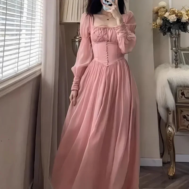 French Retro Square Neck Corset Princess Prom Dress Women Spring Long Sleeve Elegant Pink Female Long Slim Evening Dresses