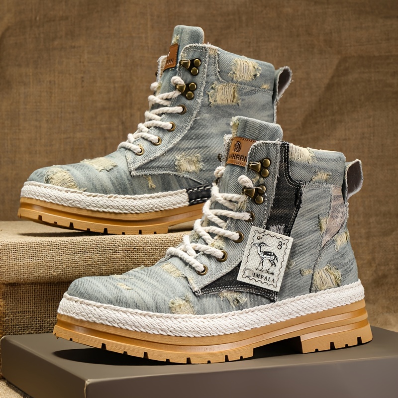 Mens Ripped Lace-Up Denim Fabric Ankle Boots Fashionable Walking Shoes, Breathable and Comfortable - Lightweight, Breathable, Suitable for Daily Wear