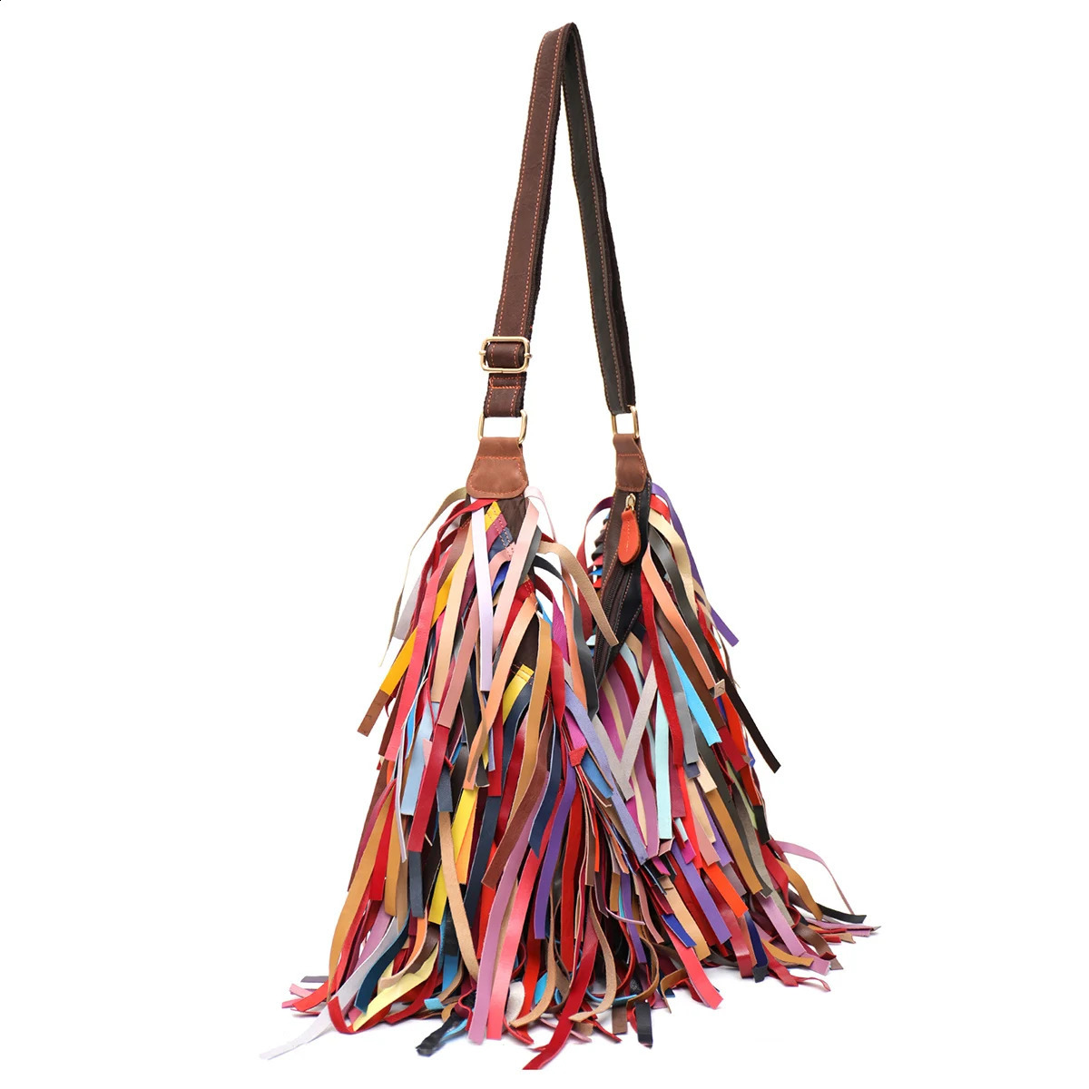 Colorful Real Sheepskin Shoulder Bags For Women Large Casual Slouchy Hobo Handbags Patchwork Leather Tassel Cross Body Purses 240829